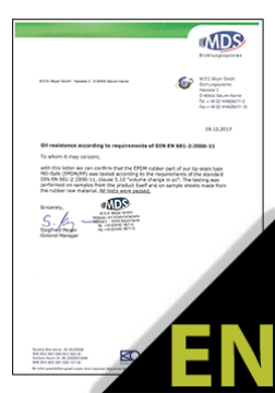 Blīvgredzenu eļļas noturība EN 681-2:2006-11 Deklarācija